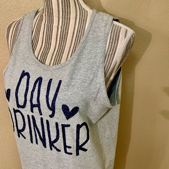 Graphic Tank Top Medium Grey “Day Drinker” Blue Glittery Print Alstyle Cotton - Picture 8 of 15